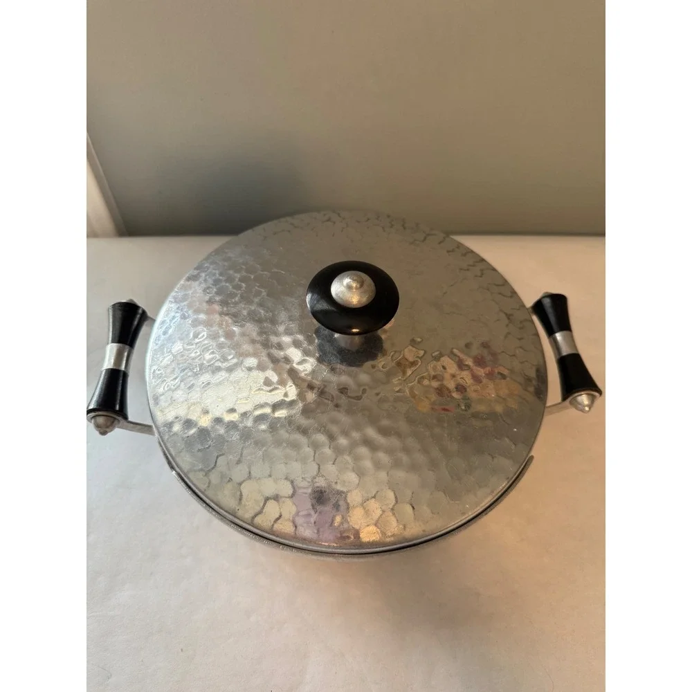 Hammered Aluminum Serving Dish‎ Covered Casserole Spain Black Handles MCM